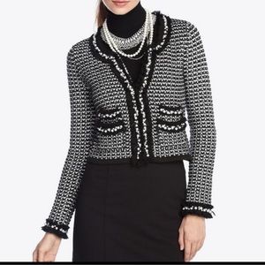 *NEW* White House Black Market Tweed Pearl BlackWhite Sweater Jacket Sz S Women
